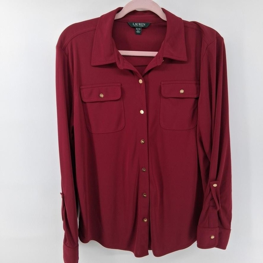 Lauren Ralph Lauren Womens XL Red Blouse Collared Roll Tab Sleeve Button Front
